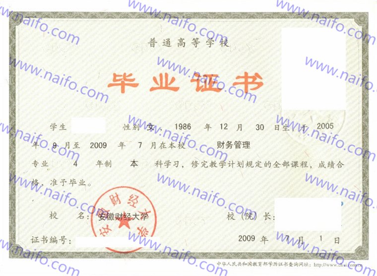 安徽财经大学2009年本科财务管理毕业证样张高清图  第5张