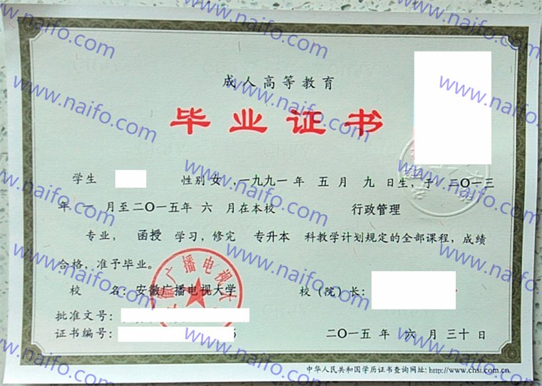 安徽广播电视大学2015年成教函授专升本行政管理毕业证样本高清图  第1张