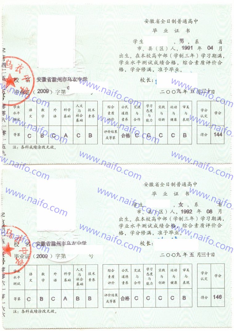 安徽省滁州市乌衣中学2009年高中毕业证样本高清图  第1张