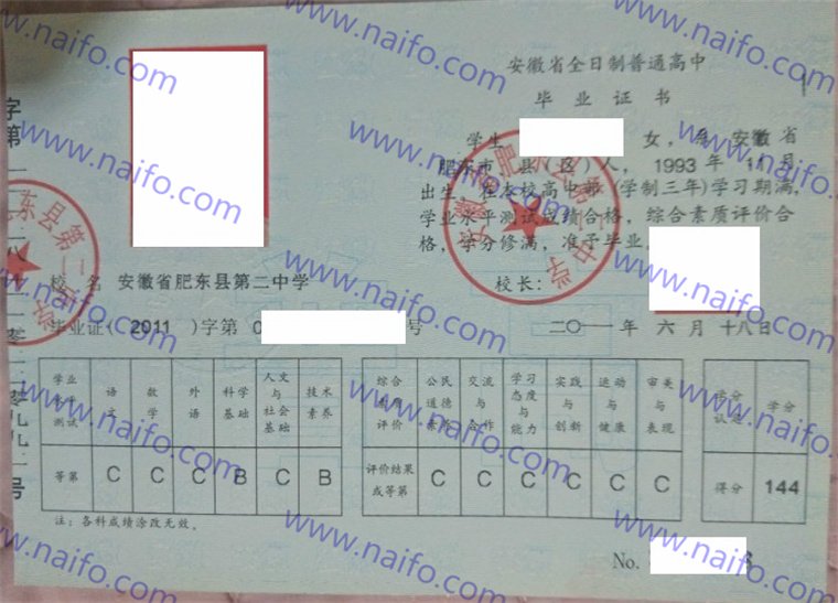 安徽省肥东县第三中学2011年高中毕业证样本高清图  第1张